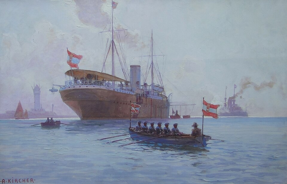 Austrian mail steamer Pelikan moored at anchor - 1891.jpg